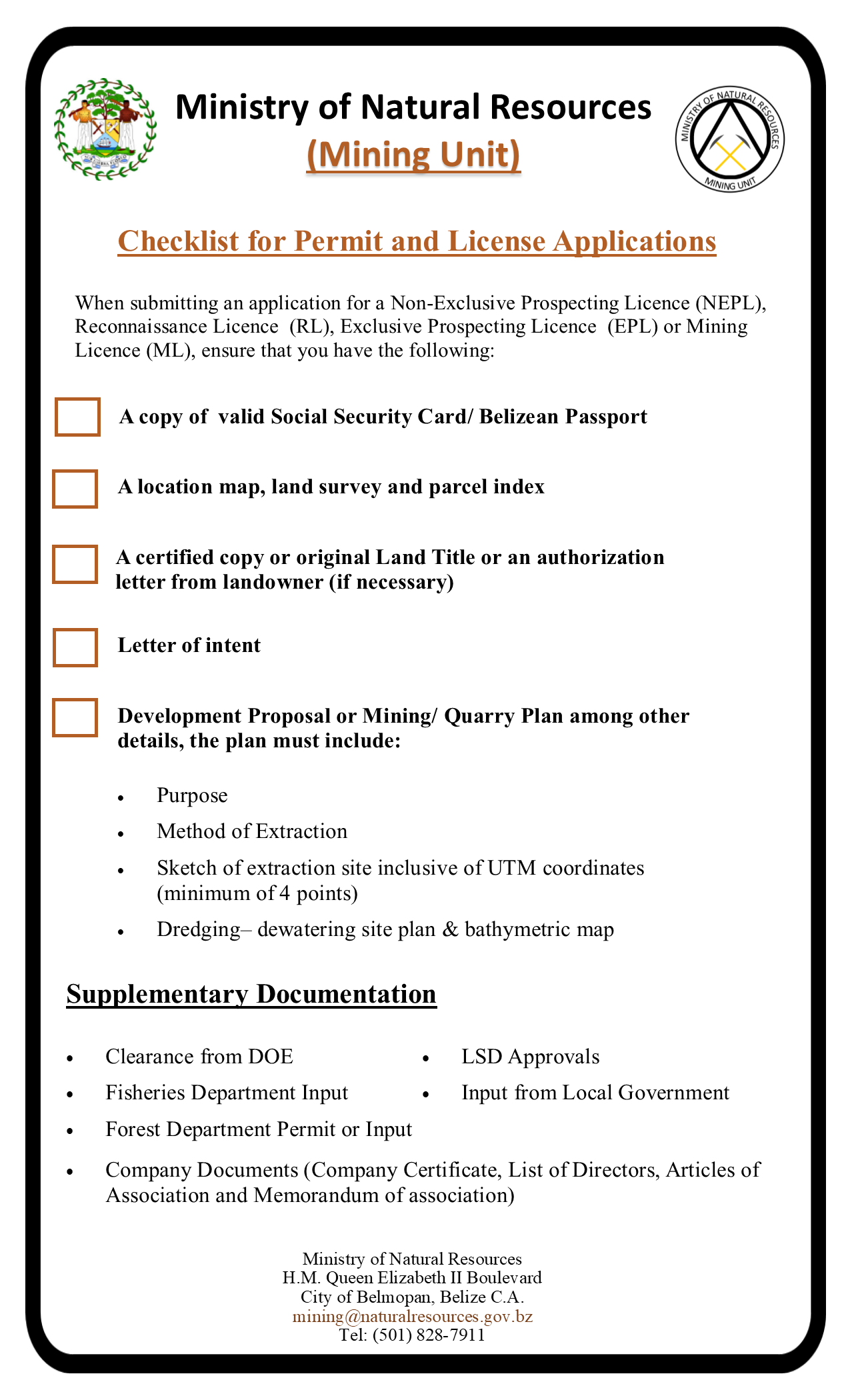 Mining Checklist for Permit and Licence Applications Ministry of